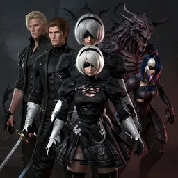 portrait of 2 b nier automata by hr giger, greg rutkowski, luis royo and wayne barlowe as a diablo, resident evil, dark souls, bloodborne monster : : 8 k : :