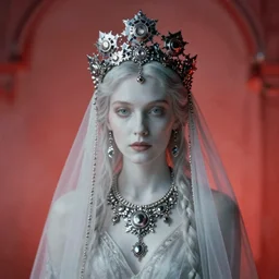 a stunning portrait of a beautiful ghostly woman wearing a veil and a fractal crown and necklace in a red foggy room, by katsura masakazu, alessio albi, ilya kuvshinov, nina masic, soft focus, vertical portrait, natural lighting, f 2, 5 0 mm, classic chrome, film grain, cinematic lighting