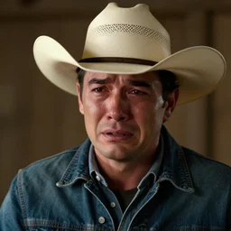 crying cowboy, photorealistic, sad, crying, cowboy hat