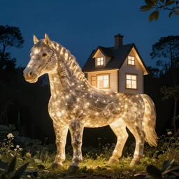 house in the shape of a horse at night. bright lights inside the house. 4K photo