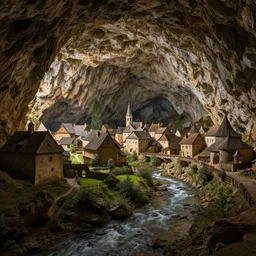 a medieval village inside a cave near a cave river, photorealistic, 8k, high detail, high quality, dramatic lighting, HDR