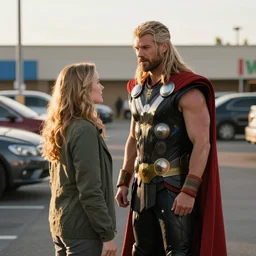 marvel studios thor looking for his mom in a walmart parking lot at golden hour, 8 k still frame