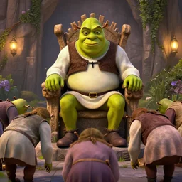 shrek sitting on a throne as the leader of a cult while his worshippers are bowing before him