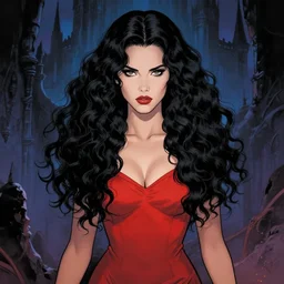 artgerm, joshua middleton comic cover art, pretty alyson hannigan, evil dead demon, evil dead movie, red dress, symmetrical eyes, symmetrical face, long curly black hair, dark castle background background, cinematic lighting