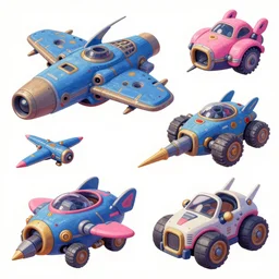 game asset of starship and vehicles, in gouache detailed paintings, props, stylized, 2 d sprites, kitbash, arcane, overwatch, blue and pink color scheme, 8 k, close up