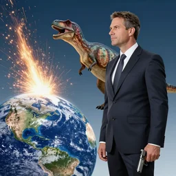 meteor strikes earth and kills a dinosour in a suit witha  gun in his pocket