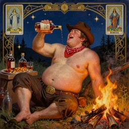 a dramatic, epic, ethereal painting of a (!!!!!!handsome!!!!!!) thicc chunky beefy mischievous shirtless with a big beer belly wearing a large belt and bandana offering a whiskey bottle | he is a cowboy relaxing by a campfire | background is a late night with food and jugs of whisky | homoerotic | stars, tarot card, art deco, art nouveau, intricate | by Mark Maggiori (((and Alphonse Mucha))) | trending on artstation