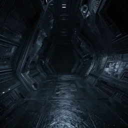 closeup of dark cold interior of alien futuristic spaceship, sharp edges, texture displacement, sss, reflections, raytracing, raymarching, subsurface scattering, best of digital art, by paweł hynek