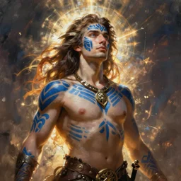 celtic pict warrior barbarian with blue warpaint patterns on his bare skin, epic painting dramatic lighting character