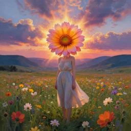 girl with an blooming flower for a head, surreal photography, dream, standing in flower field, magical, in a valley, sunrise dramatic light, impressionist painting, colorful clouds, artstation, simon stalenhag, exploding flower face