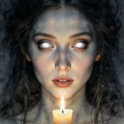 Grey Witch of the Eternal Candle, character portrait, lean face, cinematic lighting, glowing white eyes, hyper-detailed, 4k, high resolution, in the style of Charlie Bowater, Tom Bagshaw, single face, symmetrical, headshot photograph, insanely detailed and intricate, beautiful, elegant, watercolor, cinematic, portrait, Raphaelite, headroom, Pierre-Auguste Renoir