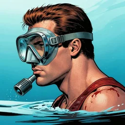 a profile photo of an james bond with a diving oxygen mask with side profile blood in ocean intricate details by MARVEL comics and Sandra Chevrier-C