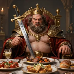 concept art, intricate illustration, photo - realistic portrait of a fat angry king feasting, food on the table, gluttony, sword in throne, style by wlop and artgerm, hyper detailed, artstation, cgsociety, 8 k