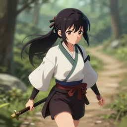 isekai cute anime girl samurai ronin vagabond ( aesthetic ). on a trail. in the style of gravity rush. beautiful lineart, depth focus, rankings pixiv, artstation, chromatic aberration, soft lighting, srgb, 4 k artstation, hdr, cinematic, motion blur, marmoset, blender 3 d, by tooth wu