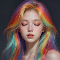 portrait of a young female human with rainbow hair and light skin closed eyes fantasy artwork epic detailed and intricate digital painting trending on artstation by wlop octane render