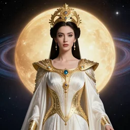 portrait of the powerful empress of the solar system in the style of luis royo and in the style of gil elvgren. glowing, ornate and intricate, stunning, dynamic lighting, intricate and detailed.