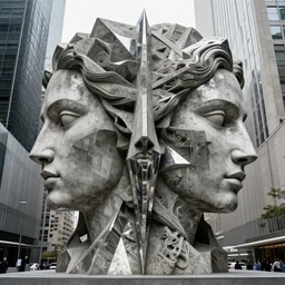 by francis bacon, louise bourgeois, bruno catalano, mystical photography evocative. an intricate fractal concrete and chrome brutalist carved sculpture of the secret faces of god, standing in a city center.