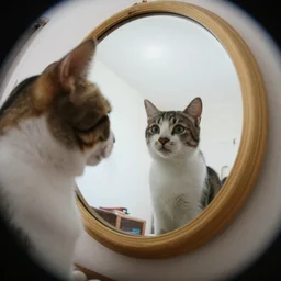 cat looking into a mirror, first person perspective, fish eye lense