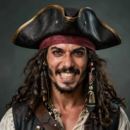 Portrait of a young pirate, growling into the camera. Dark hair under pirate hat. Detailed face.