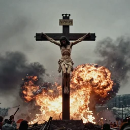 grainy photograph of jesus on the cross above a napalm explosion in the vietnam war, shot onfilm, sharp focus, film grain, moody, cinematic