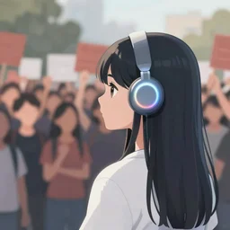 cybernectic girl with long hair looking at an mass protest in a sunset, highly detailed, digital art, trending on artstation,