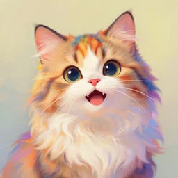 An adorable and colorful fantasy painting of a cute and happy long-hair cat with colorful fur, by greg rutkowski and thomas kinkade, trending on artstation