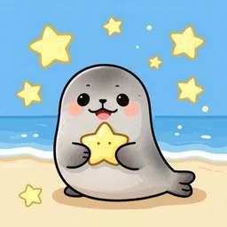 cute fingerpainting of a seal holding a star sanrio close-up with lots of stars on the beach