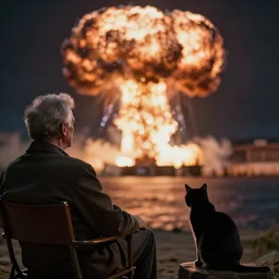 cinematic movie, background blur bokeh, old man sitting in chair with black cat watching nuke explosion, world ending nuke, 4 k