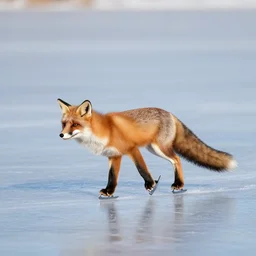a fox doing ice skating on a frozen lake