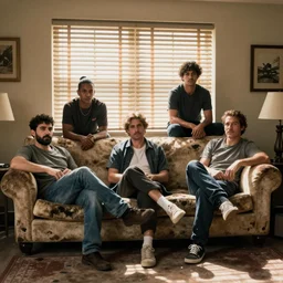 gang members chilling around dirty couch in a beige room sun barely shines through the blinds jonathan zawada style photography