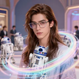 a handsome guy with very long brownish! hair, with nerdy glasse in a droid auction in coronet city, elegant, highly detailed, concept art, smooth, sharp focus, luminescent, colorful swirly magic ripples, pastel colors, by huang guangjian, sachin teng, greg rutkowski, jesper ejsing, ilya kuvshinov, artgerm, mucha
