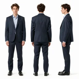 a reference sheet containing three pictures. a hero in the front back view and side view, proportions, ready to model, stylish clothes,