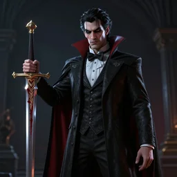 vampire in noble clothes holding a blood sword, unreal engine octane render, cinematic, dramatic lighting