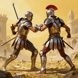 gladiator combat, in armor, deadly battle, unreal engine render, ideal proportions, yellow theme, high detail, very realistic, by greg rutkowski, by james gurney ultra clear detailed