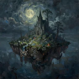 a floating island, eerie vibes, famtasy, epic, night, mystical, oil painting