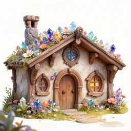 a medieval hobbit house made of colorful crystal, ornate, beautiful, atmosphere, vibe, flowers, concept art illustration, color page, 4 k, tone mapping, doll, akihiko yoshida, james jean, andrei riabovitchev, marc simonetti, yoshitaka amano, digital illustration, greg rutowski, volumetric lighting, sunbeams, particles