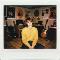 instax polaroid film photo of a rock young man with messy medium length brown hair and a yellow sweater sitting on the floor in a vintage 80s artist studio interior, old wood floors, musical instruments and band posters, messy maximalist interior, warm, nostalgia, faded glow, expired film analog photography, grainy texturized dusty, saturated colorized