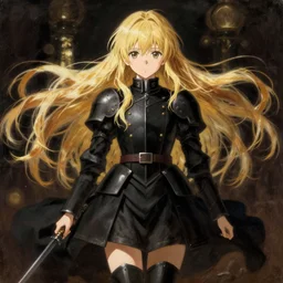 baroque oil painting japanese light novel cover full body illustration anime key visual action shot | young girl black military crusader maid with long flowing blonde hair | symmetrical perfect face fine detail delicate features quiet gaze | lotr grimdark kuudere moody dynamic lighting bokeh | pixiv fanbox | greg rutkowski makoto shinkai takashi takeuchi studio ghibli