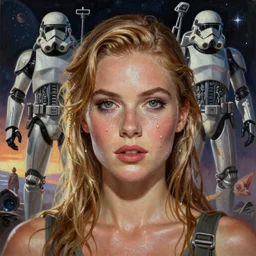 A mixed media portrait painting of a very beautiful light-brown-hair / blonde woman on an alien planet, sweat, aesthetic symmetrical face and eyes, photorealistic, model, wet, starship-troopers, pacific-rim-mech in background, dawn of the space age pinup style, by Frank Frazetta, Boris Vallejo, Beeple, Greg Rutkowski, Christian MacNevin, epic fantasy character art, high fantasy, CGsociety, exquisite detail, post-processing, masterpiece, cinematic