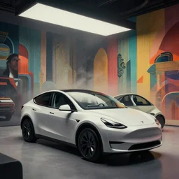 portrait of a tesla car lot interior, colorful, modern art deco, mads berg, christopher balaskas, victo ngai, low fog, fine texture, detailed, muted colors, dramatic lighting, dynamic composition, matte print, wide angle, moody, stippled light