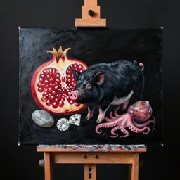 painting of a black painted canvas, on an easel in a dark room with black walls, pomegranate, a black pig, pork, octopus, large diamonds gems, stone and yakisugi wood, oil on canvas