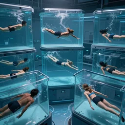 diverse groups of humans swimming inside of supercomputers, wide angle, elaborate, highly detailed, beautiful lighting