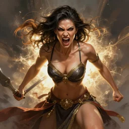The successful warrior is the average man with laser-like focus, artwork by artgerm, battle, Angry Amazon woman, yelling, elegant, seductive, full shot