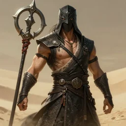 masked male inquisitor of desna holding a chakram by wlop, wuxia, xianxia, weathered skin, athletic, desert robe, black leather armor, butterfly embroidery, chakram, pathfinder, desna, detailed, realistic, anatomically accurate, fantasy illustration, artstation, wlop.