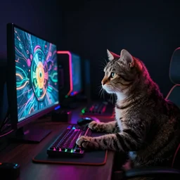 a cat using a gaming computer, realistic, dark, rgb