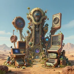 strange surrealist detailed alien electronic-musical-instruments!! in a bryce 3d surrealist landscape biome,  designed by john howe, and pixar!!, Michael Whelan art directs Dune (1984), hyper detailed, photorealistic, 8k, hd