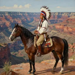 a highly detailed matte portrait painting of an american native apache on his horse overlooking a canyon, 1 8 7 5, in the style of greg rutkowski and remedios varo, ultra realistic, detailed, intricate, full of color, 4 k, hyperrealistic, focused, extreme details, masterpiece