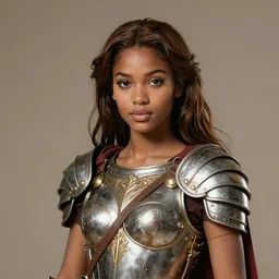a young bettie page as an amazon warrior, tall and beautiful with brown skin and long hair, dressed in hellenistic body armor, intricate, elegant, highly detailed, smooth, sharp focus, detailed face, complete head, one body, art by ardian syaf