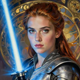 head and shoulders portrait of a female knight gazing into camera, jedi, blue lightsaber, young scarlett johansson, star wars, by alphonse mucha, face detail, extremely detailed, art nouveau painting