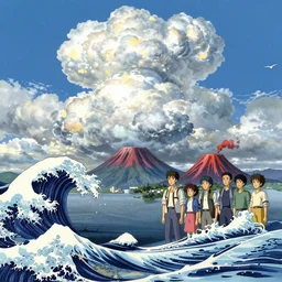 highly detailed illustration of an ocean with big waves and lots of high exposure cummulonimbus clouds and active volcanos by makoto shinkai, by oliver vernon, by joseph moncada, by damon soule, by manabu ikeda, by kyle hotz, by dan mumford, by otomo, 4 k resolution